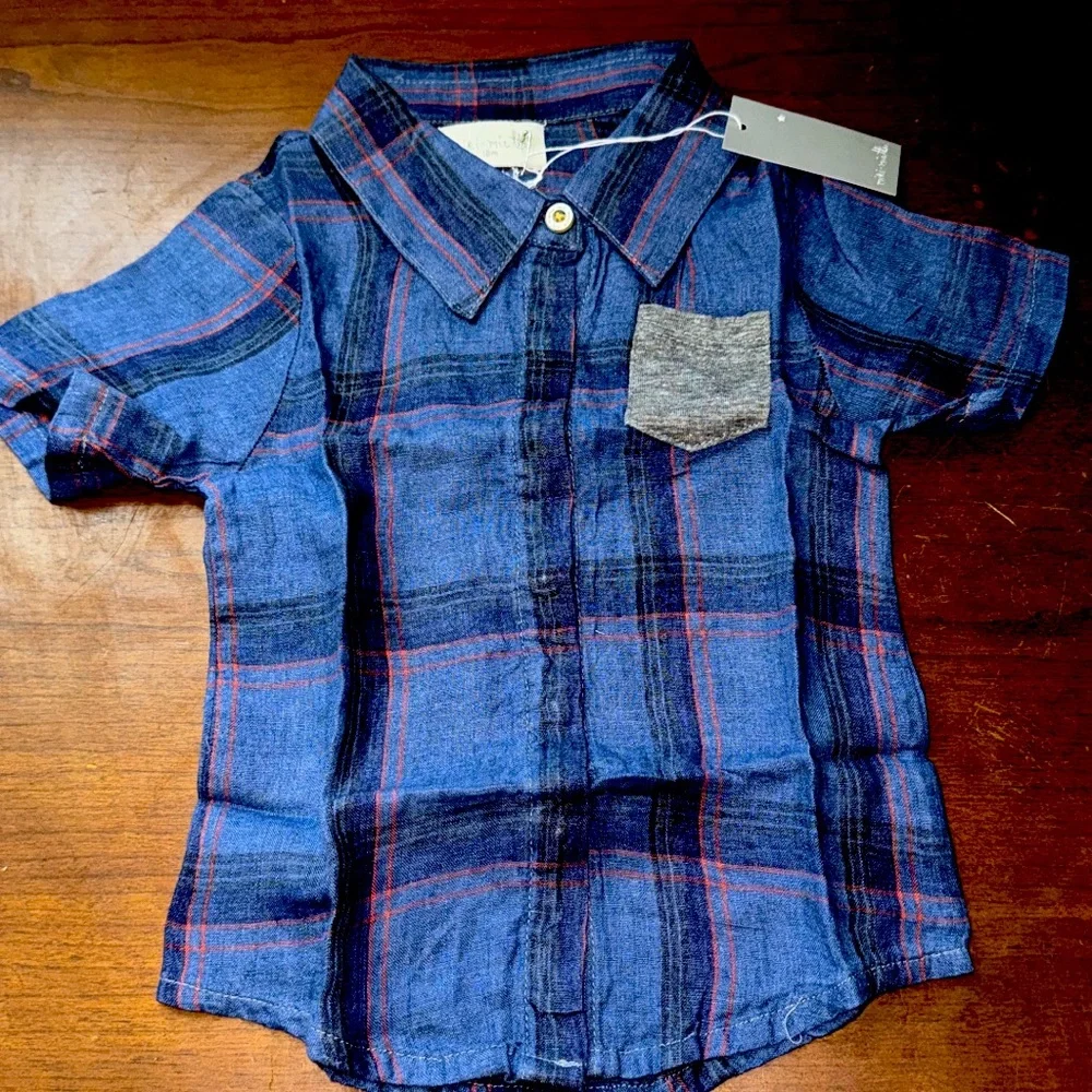 Miki Miette NWT 100% Linen Plaid Polo Button Up 18m
